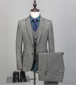 Trajes de negocios de tela de Tweed gris de invierno para hombre, esmoquin para novio, abrigo para fiesta de graduación, chaleco, pantalones, conjuntos (chaqueta + chaleco + pantalones + corbata) K53