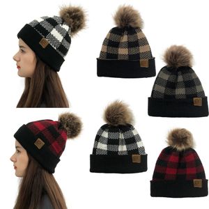 Bonnet à tricoter d'hiver bonnet à pompon au Crochet chapeaux tricotés avec bouton masque facile à porter chapeau à carreaux chaud Flocculus