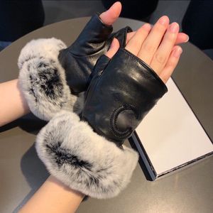 Gants d'hiver en cuir et fourrure pour femmes, mitaines de styliste en peau de mouton, noires, sans doigts, chaudes, mitaines