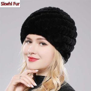 Winter Luxury Women Natural Real Rex Rabbit Fur Hat Snow Cap S para Warm Girl Knit Skullies Gorros 211229