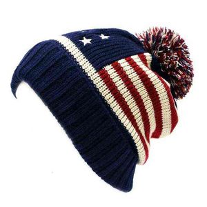 Invierno Vintage Stars Stripe Knit USA Flag Beanie Skull Ski Pom Hat Cap Lana Invierno Cálido Gorros y sombreros de punto Y21111