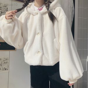 Hiver blanc mignon Parka doux surdimensionné moelleux fausse fourrure manteau femmes avec capuche à manches longues belle Harajuku Kawaii veste 2021 L220725