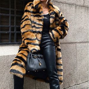 Winter Women High Quality Faux Fur Coat Luxury Long Fur Coat Loose Lapel OverCoat Thick Warm Plus Size Tiger Print Plush Coats T220716