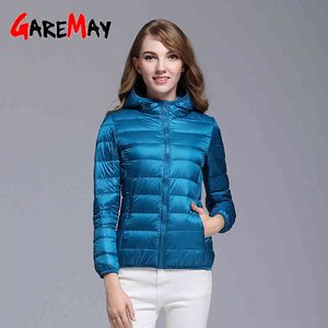 Hiver Femmes Ultra Light Down Jacket Blanc Canard Vestes à capuche à manches longues Manteau chaud Femme Portable Outwear Down Coat 210428