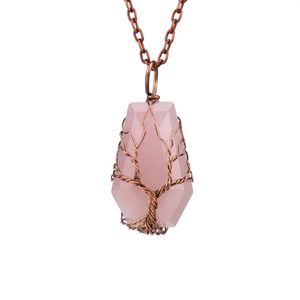 Alambre envuelto ataúd fortuna árbol de la vida colgante collar piedra natural rosa cuarzo curación cristal tigre ojo amatista collares joyería de las mujeres