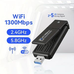 Adaptateur sans fil pour adaptateur réseau PC de bureau, adaptateur WiFi USB sans fil pour PC 1300Mbps, Super USB 3.0, double antenne WiFi à gain élevé 5Dbi