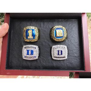 Avec des pierres latérales Duke Blue 4pcs Devils National Team Championship Ring avec coffret en bois Hommes Fan Souvenir Cadeau Gros Drop Drop D Dhnc5