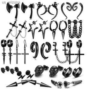 WKOUD, 1 par de pendientes colgantes negros Punk de acero inoxidable para hombres, Cruz, Calavera, tornillo, cono, Huggie, aro, cadena larga, Piercing, aro L230620