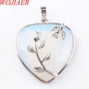 Wojiaer Love Heart Gem Stone Colliers Pendant Natural White Opal Stone Charms Bohemian Style Femme Jewellery N3187