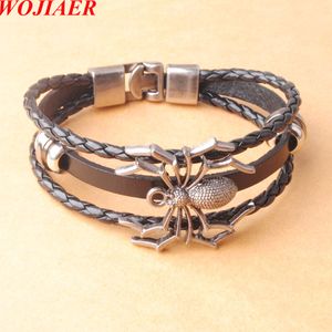 WOJIAER Vintage Hero Badge Super pulseras de arañas hombres pulsera de cuero multicapa regalo de los hombres joyería pulsera de cuero de vaca BC007