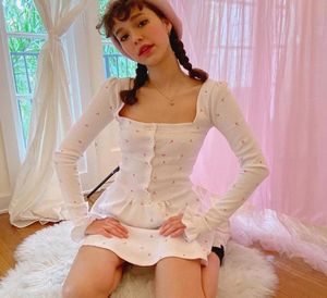 Vestido con estampado de cerezas para mujer Botones de manga larga Cuello cuadrado Mini estilo lolita Mariposa Ropa femenina linda Vestidos casuales blancos 5339624