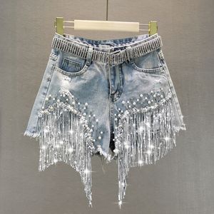 Femme Denim Shorts été femme porter taille haute minceur lourd perlé Sequin frangé déchiré jambe large pantalon jean chaud