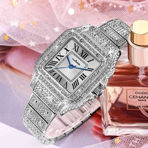 Reloj de mujer de moda de lujo con diamantes completos, cuarzo, oro rosa, cuadrado, esfera grande, acero inoxidable, reloj para mujer para Schoo