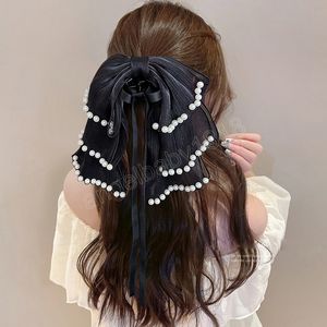 Mujer grande de tres capas gasa perla cinta Bowknot pinzas para el cabello señora horquillas pasadores niñas elegantes pinzas para el cabello accesorios para el cabello