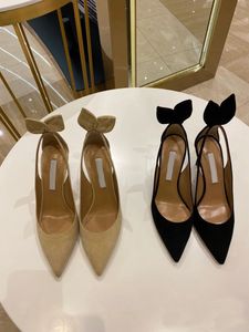 Mujer tacones pop sandalia sexy punta estrecha aquazzuras pajarita 105 mm zapatos de cuero recortado slingback vestido de fiesta de bodas bomba negro piel de gamuza desnuda