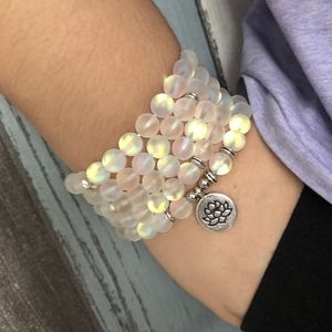 Woman Sparkling Stone Jewelry Multi-layer wraps Matte white color Labradorite Lotus Bracelet 108 Prayer Beads Mala Yoga Bracelet Y200730