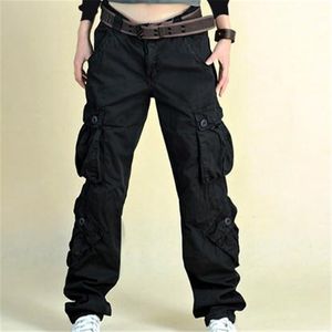 Woman Spring Plus Size Mid Elastic Waist Pockets Straight 100% Cotton Cargo Pants Female Autumn Oversized Loose Trousers 201109