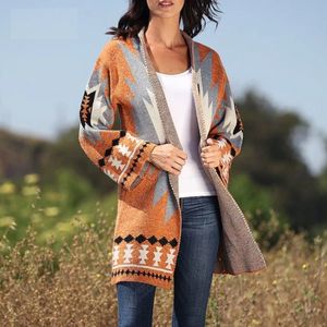 Suéter de mujer Otoño Invierno moda manga larga gran tamaño frente abierto patrón geométrico tejido cárdigan abrigos suéteres para mujer