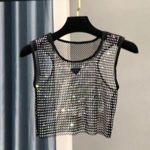 Femme gilet chemises Net t-shirt sans manches réservoir évider cristal diamant femme mince gilets t-shirts dessus de chemise S-L