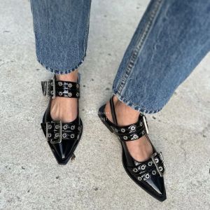 WOMANDRESS GANNILUXY Ballerina Flats noir Chunky Buckle Feminin Design avec White Wide Welt Point Point Toe Slingback Brotte Patent Cuir Patent