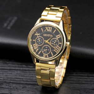 El más nuevo reloj de lujo de Ginebra para mujer, números romanos, pulsera de acero inoxidable de aleación dorada, reloj de pulsera de cuarzo analógico para hombres deportivos
