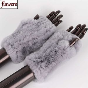 Mujeres 100% Real Genuine Knitted Rex Rabbit Fur Mittens Winter Warm Lady Guantes sin dedos hechos a mano Knit Mitten 211026