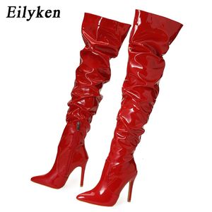 Mujeres 385 Eilyken rojo sobre las botas de rodilla tacones altos de patente de patente sólido punta de aguja de tibón stiletto sapatos sapatos femininos 230923