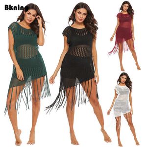 Vestido playero para mujer, vestidos grandes, túnica larga con borlas, traje de baño, abrigo negro, vestido de verano 2021 de talla grande S- XL X0726