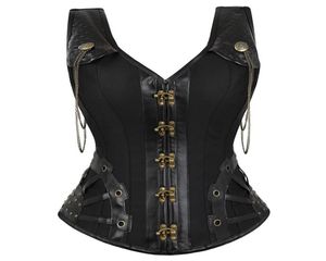 Femmes Noir Steampunk Gothique Halterneck Overbust Corset Gilet avec Boutons et Accents de Chaîne Dorée Classique À Lacets En Plastique Désossé Clu6391845