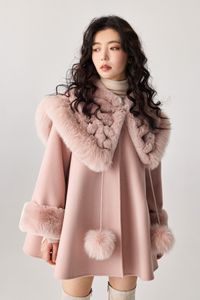 Mélanges pour femmes, manteaux poncho élégants avec grand col en fourrure véritable, vêtements d'extérieur en laine, grande taille, 2023, 230908