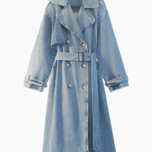Femmes mélanges Denim Trench manteaux pour femmes ceinture sur taille Slim Jean dames Jaqueta Feminina bleu veste femme 231118