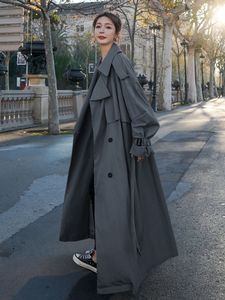 Women Blends Korean Style Loose Oversized X Long Trench Coat Double Breasted Belted Lady Cloak Windbreaker Spring Fall Outerwear Grey 230922