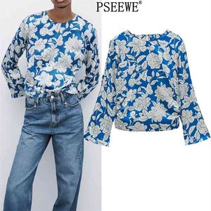 Blusa de mujer Azul Estampado floral Satén Top Mujer Elegante O Cuello Camisa de manga larga Mujer Botón trasero Apertura Vintage 210519