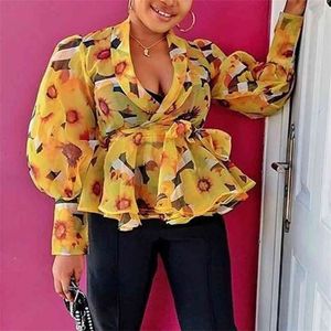 Femmes Blouse Tops Chemises Imprimé Floral Voir à travers Peplum Sexy Col V Longue Lanterne Manches Jaune Automne Mode Lady Bluas 210715