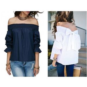 Femmes Blouses Off Épaule Bow Top Chemises féminines Sexy Fashion Ruffle Tops à manches longues Tuniques surdimensionnées Blanc BluePlus Taille XL X0521