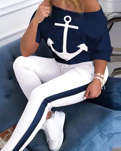 Femmes bateau ancre imprimer deux pièces ensemble survêtement dame printemps sexy hors épaule hauts et taille élastique pantalons longs ensemble vêtements de salon