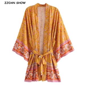 Mujeres Bohemian Yellow V Cuello Flor Estampado de flores Camisa de kimono Holiday Beach Tide Bow Fashes Mid Long Cardigan Blusa BOHO Tops 210429