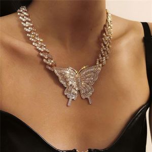 Mujeres Mariposa Collares Bling Iced Out Cadenas de Eslabones Cubanos Lujo Oro Plata Cristal Rhinestone Anime Animal Colgante Hip Hop Neck286R