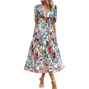 Robe longue en mousseline de soie pour femmes, décontractée, style Boho, fluide, Sexy, col en v, manches courtes, taille Empire, smockée, imprimé Floral, été