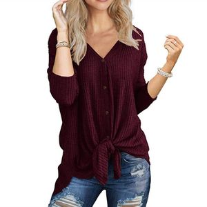 Blusas para mujer, camisas informales con nudo torcido para mujer, Tops tipo túnica, suéter holgado de moda con cuello en V de manga larga para otoño 2021, camiseta básica