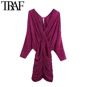 Femmes Chic mode avec drapé plissé Mini robe Vintage col en V dos attaché taille élastique femmes robes Vestidos 210507