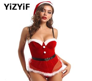 Vestido de Navidad para mujer, lencería de fiesta, correas ajustables, mono de terciopelo rojo, disfraz sexy de señora Claus Santa, disfraz de Navidad 3775734
