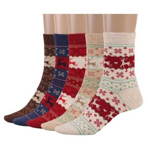 Calcetín de regalo de Navidad para mujer, 5 estilos, invierno, lana de conejo, copo de nieve, patrón de ciervo, calcetines cálidos de otoño, OOA5579