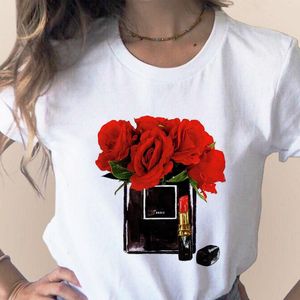 Ropa de mujer, camiseta con estampado de flores, botella de Perfume, camiseta estampada de manga corta dulce, camiseta femenina, Top informal para mujer