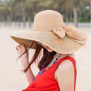Mujeres Colorido Big Brim Straw Bow Hat Sun Floppy Wide Brim Hats Beach Cap Daily Cómodo Gorras de alta calidad Envío rápido En stock G220301