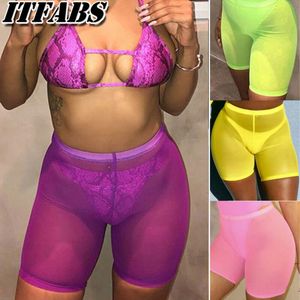 Mujeres Algodón Spandex Gym Biker Shorts Entrenamiento Casual Legging Ropa de playa Malla Verde fluorescente Mujer