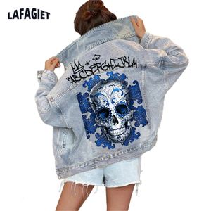 Femme en jean Jacket Fashion Casual Skull imprimé Big Picture Light Blue Bleu Coat High Street Single Breasted Reppel Overwear 240415