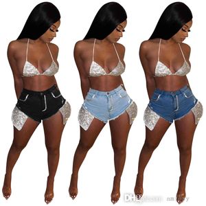 Femmes Denim Shorts D'été Tassel Pantalon Designer Vêtements Sexy Mode Sequin Hot Drill Lavé Jeans Night Club Au-dessus Du Genou Avec Poche