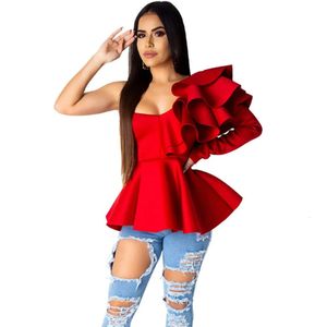 Femmes Blouse élégante Femme Sexy une épaule superposée à volants à manches longues Peplum Blusas chemises Club Party femmes hauts et chemisiers 240102