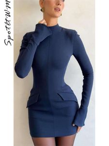 Women Elegant Dark Blue Slim Mini Dress Sexy Half High Neck Long Sleeve Pocket Bodycon Dresses Fashion Lady Party Club Vestidos